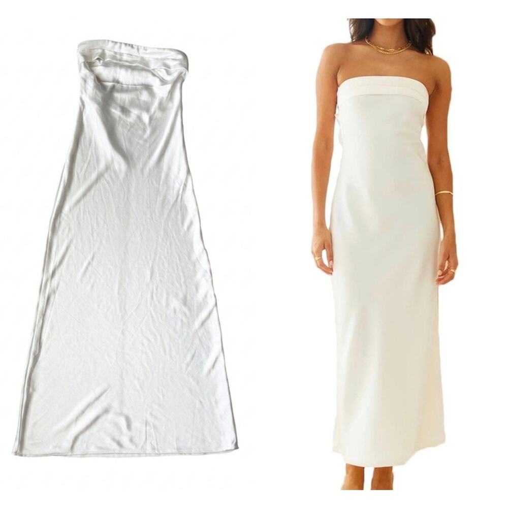 Realtex White Satin Strapless Cowl Back Maxi Dress Size Medium